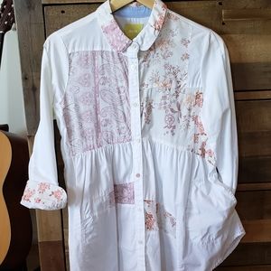 Anthropologie White and Pink Button Down Shirt